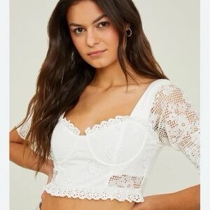 Altar'd State XS White Lace Eyelet Embroidered Zip Up Corina Corset Crop Top